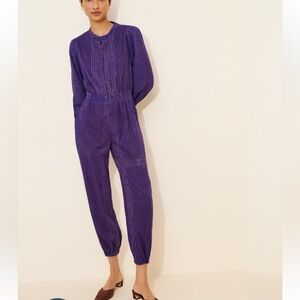 Rujuta Sheth New York Andi Zip Up Jumpsuit Purple Dots L/S Corduroy Jogger Sz L